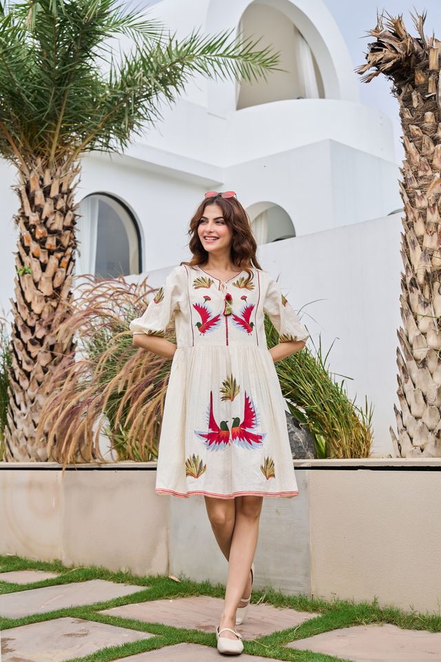 White Color Beautiful Designer Embroidery Work Cotton Fabric Tunic For Women