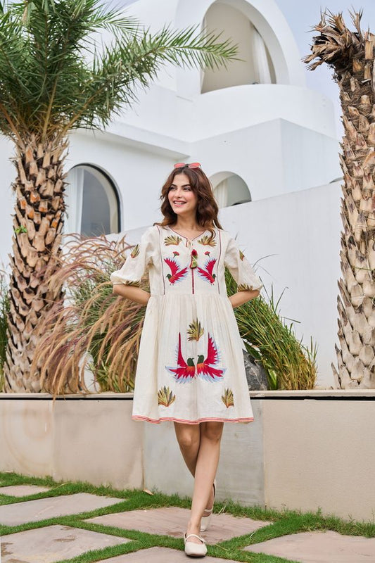 White Color Beautiful Designer Embroidery Work Cotton Fabric Tunic For Women