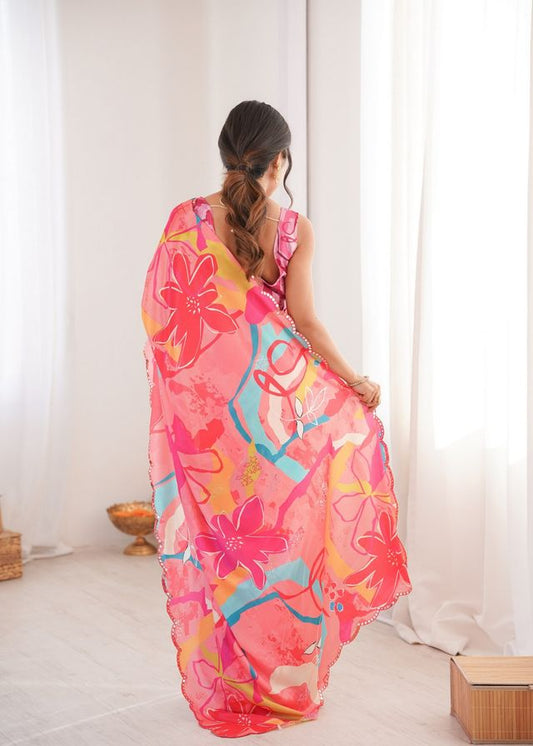 Pink Color Chinon Fabric Digital Print Smart Ethnic Saree