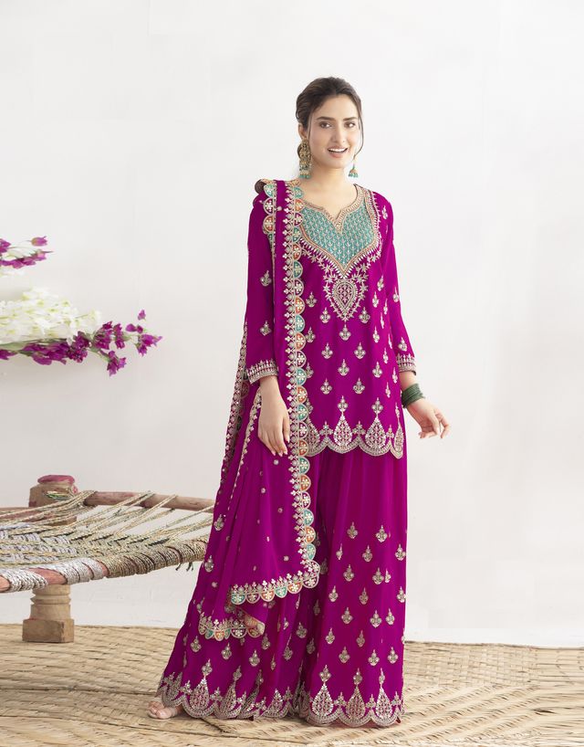 Pink Color Chinon Fabric Designer Embroidered Graceful Palazzo Dress