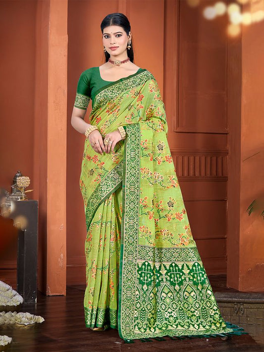 Olive Color Cotton Silk Fabric Woven Meenakari Designer Ethnic Saree