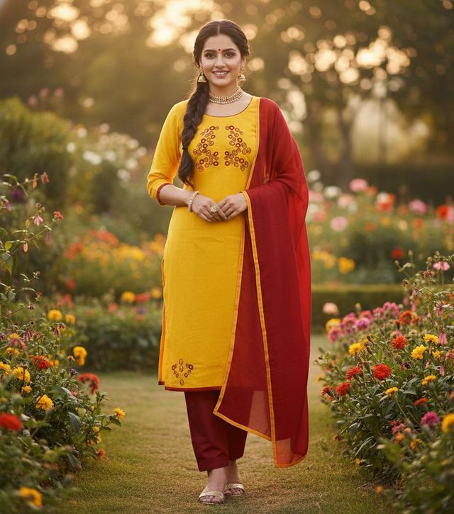 Yellow Color Cotton Slub Fabric Designer Casual Suit With Embroidery
