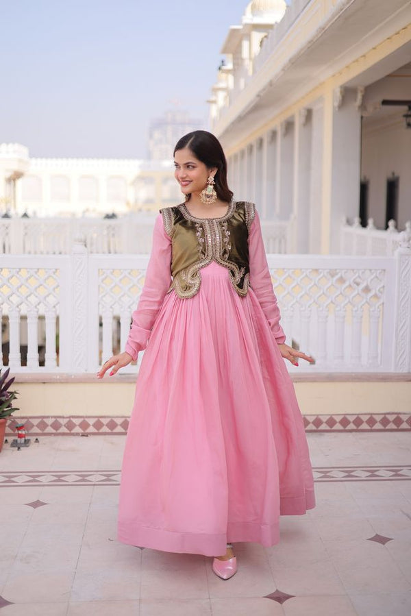 Pink Color Mal Chanderi Fabric Readymade Gown With Koti For Ethnic Partywear Looks