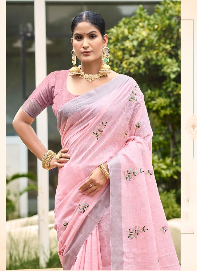 Light Pink Color Beautiful Linen Fabric Sophisticated Ethnic Saree