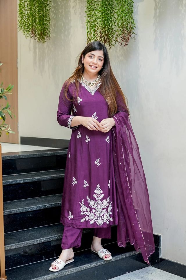 Wine Color Beautiful Readymade Dress On Muslin Fabric For Graceful Girlie Looks