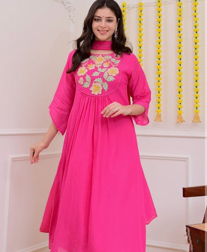 Pink Color Chanderi Silk Fabric Ceremonial Readymade Kurta Set with Dupatta
