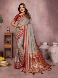 Grey Color Handloom Silk Fabric Jacquard Weaving Designer Partywear Saree