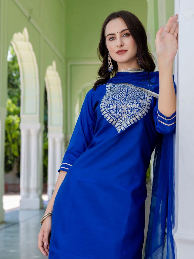 Royal Blue Color Silk Blended Ethnic Partywear Ceremonial Suit