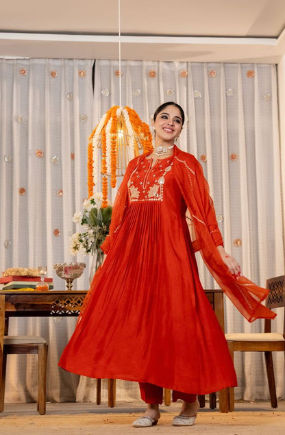 Orange Color Chanderi Fabric Designer Embroidered Readymade Suit