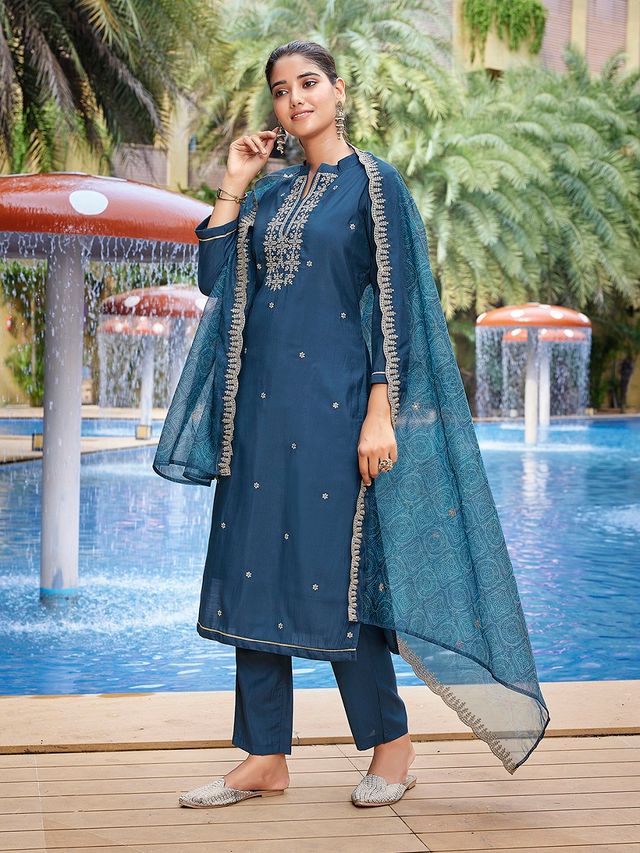 Teal Color Stylish Partywear Readymade Ethnic Suit