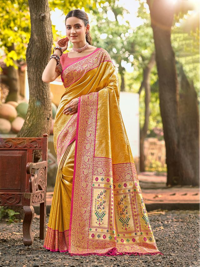 Mustard Color Kanjivaram Silk Ethnic Fancy Meenakari Designer Saree
