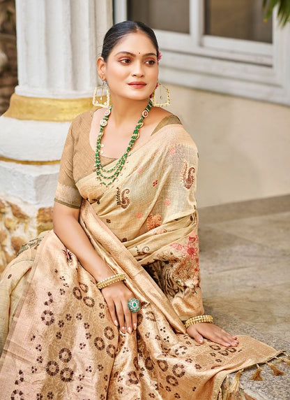 Beige Color Cotton Silk Fabric Woven Meenakari Designer Saree