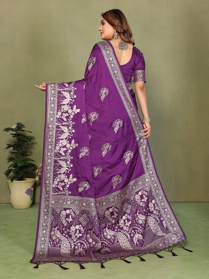 Purple Color Satin Silk Fabric Woven Jari Designer Partywear Saree