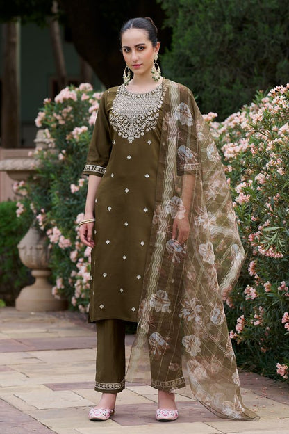 Mahendi Color Viscose Rayon Fabric Beautiful Embroidered Kurta Set With Dupatta