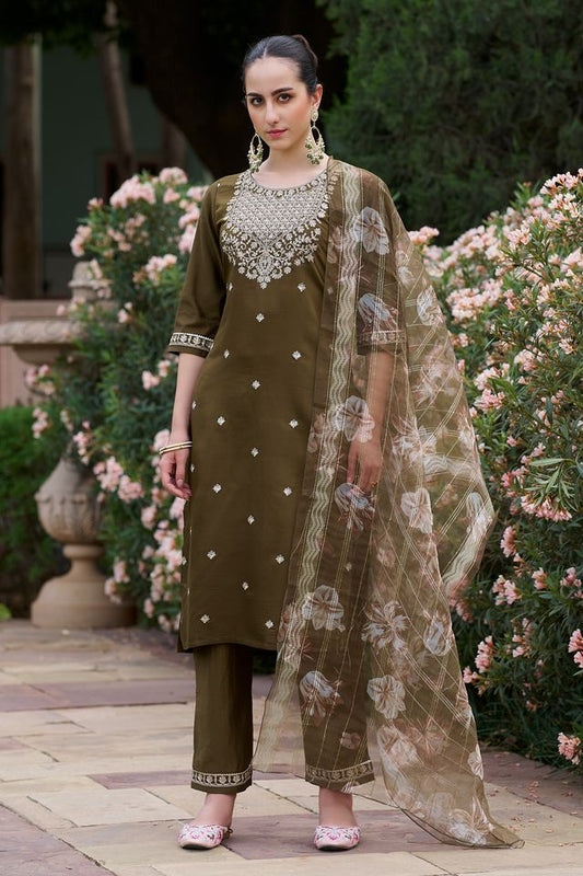 Mahendi Color Viscose Rayon Fabric Beautiful Embroidered Kurta Set With Dupatta