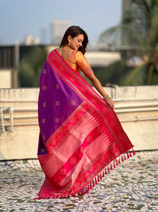 Purple Color Soft Silk Woven Designer Saree For Ceremonial Looks