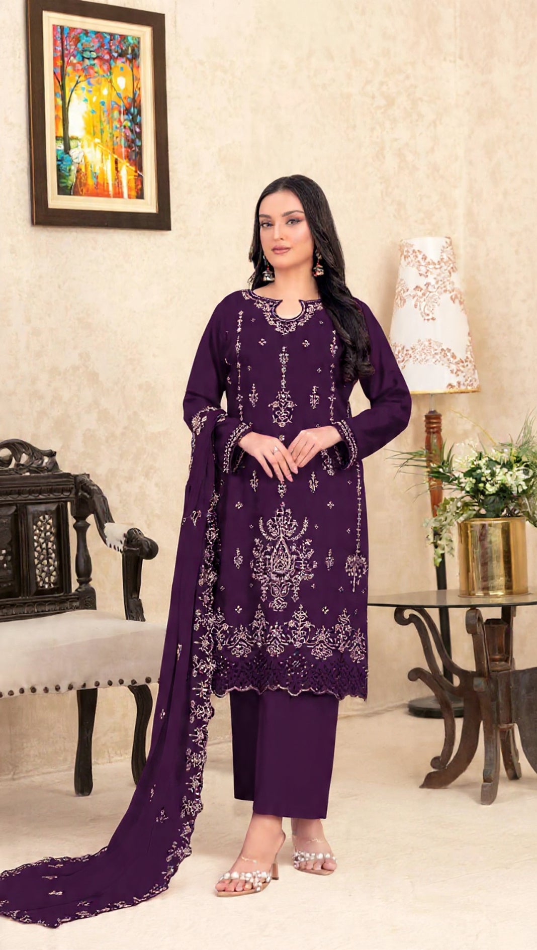 Purple Velvet Semi Stitched Suit with Embroidery Sequence Work