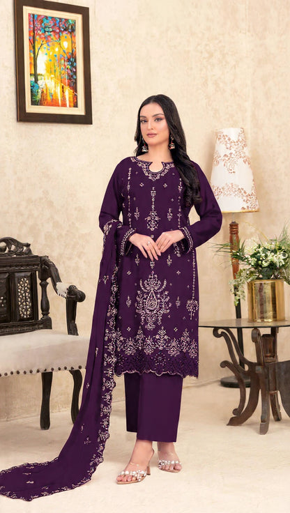 Purple Velvet Semi Stitched Suit with Embroidery Sequence Work
