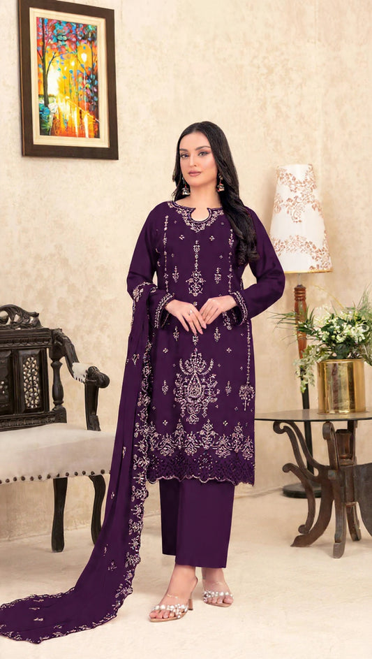 Purple Velvet Semi Stitched Suit with Embroidery Sequence Work