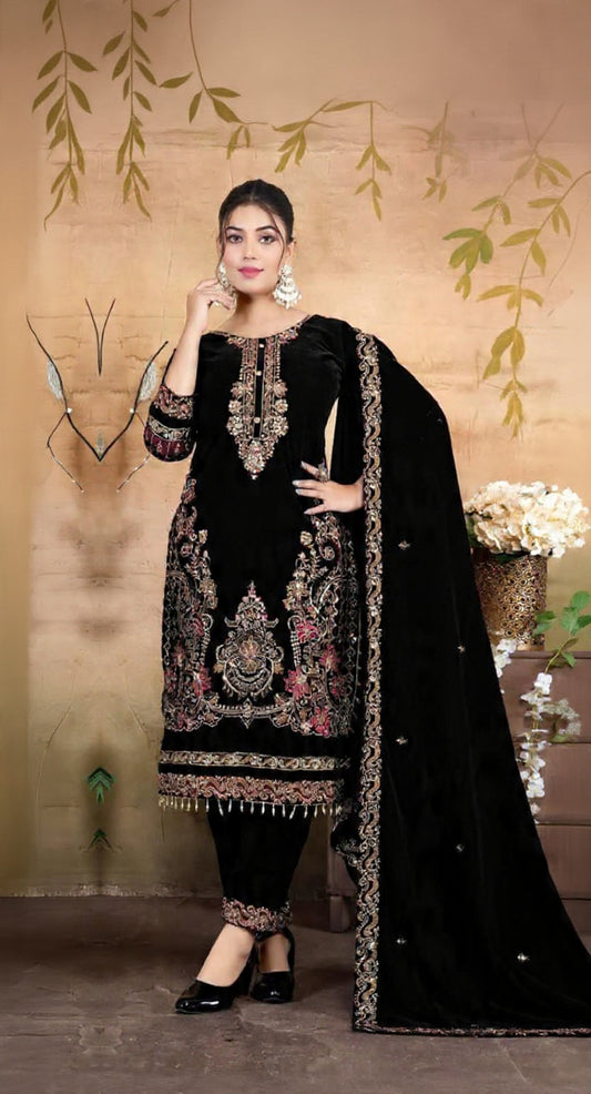 Black Velvet Semi Stitched Suit with Embroidery & Zarkan Work
