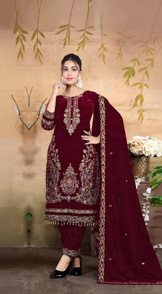 Red Velvet Semi Stitched Suit with Embroidery & Zarkan Work