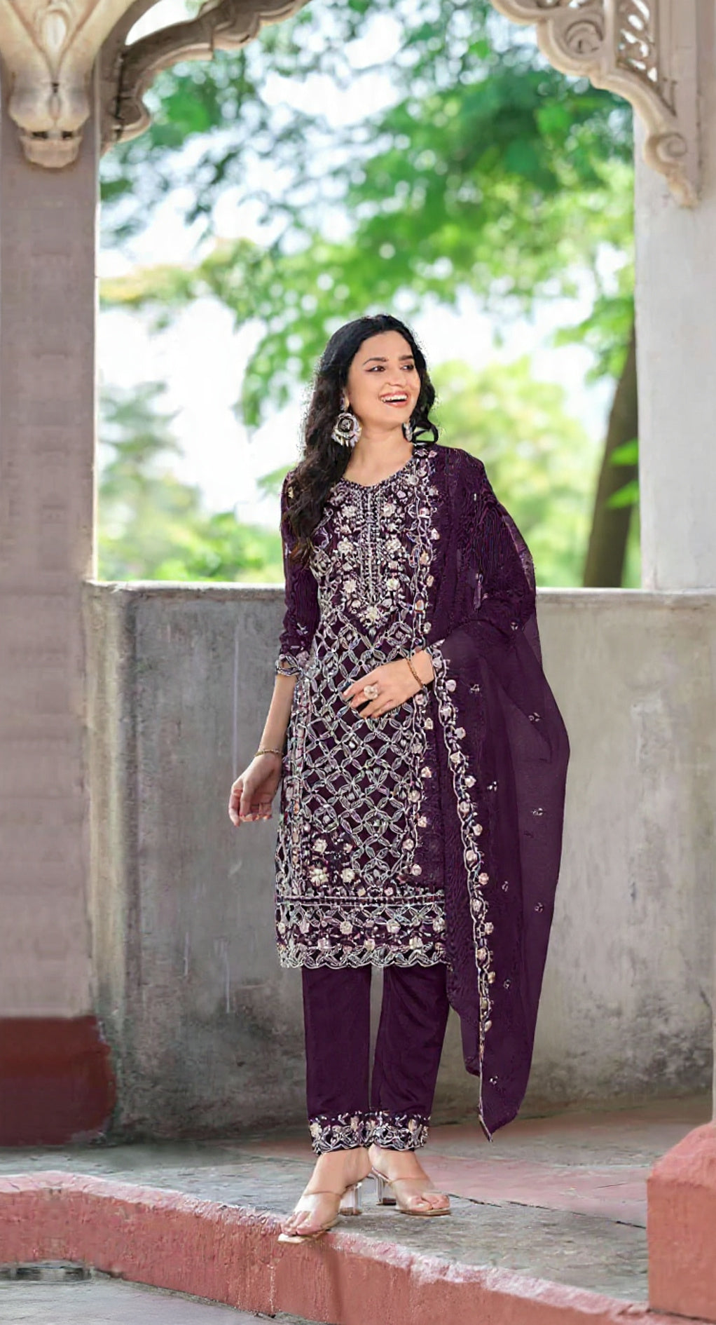 Purple Chiffon Semi Stitched Suit with Embroidered Sequence Work