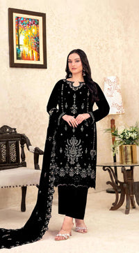 Black Velvet Semi Stitched Suit with Embroidery Sequence Work