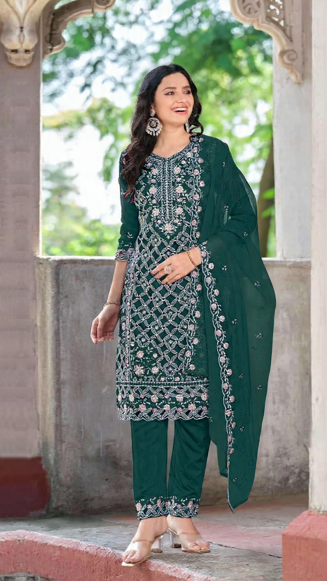 Green Chiffon Semi Stitched Suit with Embroidered Sequence Work