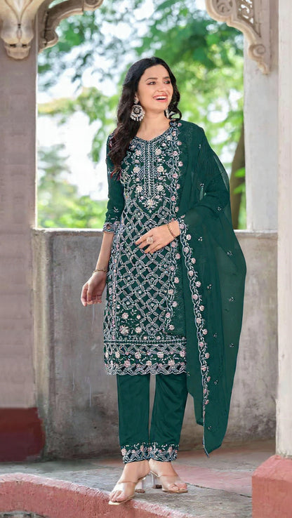 Green Chiffon Semi Stitched Suit with Embroidered Sequence Work