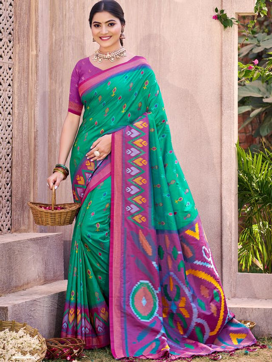 Rama Green Color Pochampalli Silk Fabric Designer Woven Ethnic Ceremonial Saree