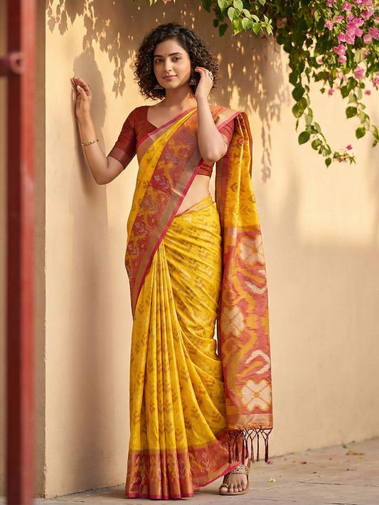 Yellow Color Pochampalli Silk Saree With Graceful Woven Designer Looks
