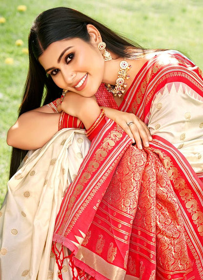 Cream Color Beautiful Woven Designer Soft Silk Fabric Saree