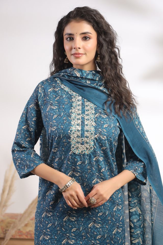 Blue Color Cotton Fabric Stylish And Trendy Kurta Set For Ethnic Girls Blue Color