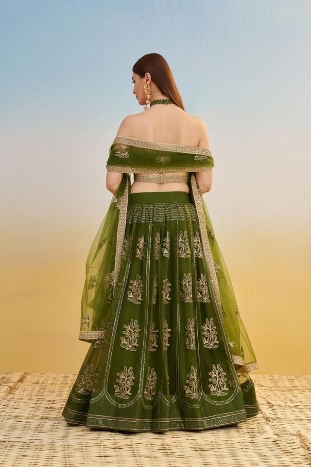 Mehndi Green Heavy Embroidery Net Semi Stitch A Line Lehenga With Blouse