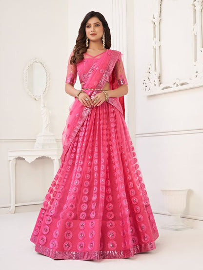 Pink Heavy Embroidery Net Semi Stitch A Line Lehenga With Blouse