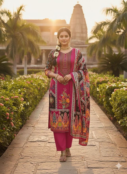 Pink Color Chinon Fabric Designer Printed Ethnic Ceremonial Suit