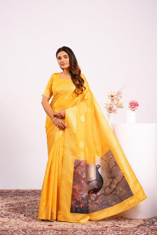 Yellow Color Banarasi Silk Fabric Designer Partywear Saree