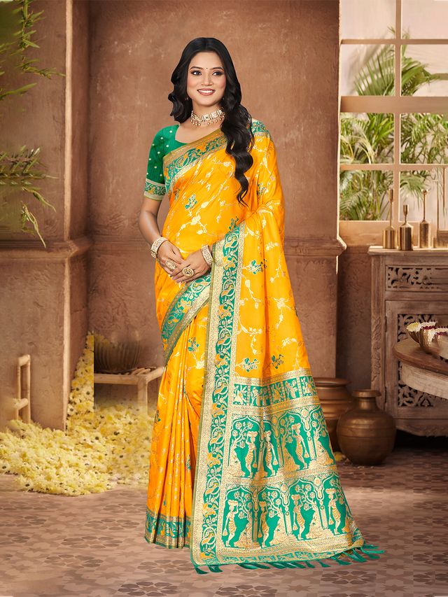 Yellow Color Silk Fabric Woven Designer Ethnic Partywear Saree