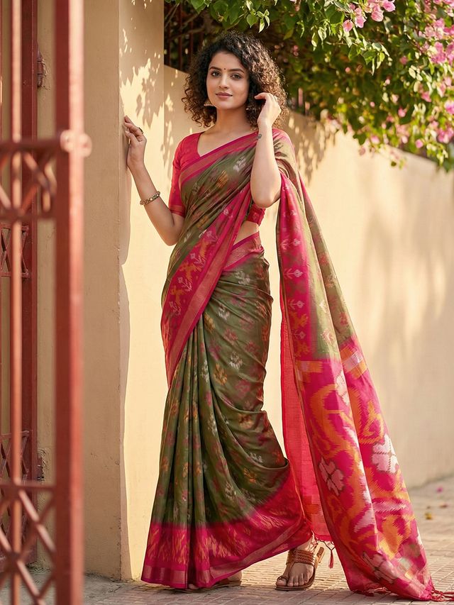 Olive Green Color Pochampalli Silk Saree With Graceful Woven Designer Looks