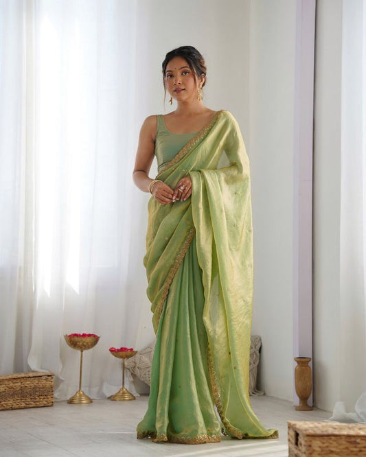 Green Color Beautiful Fancy Partywear Fendy Satin Saree