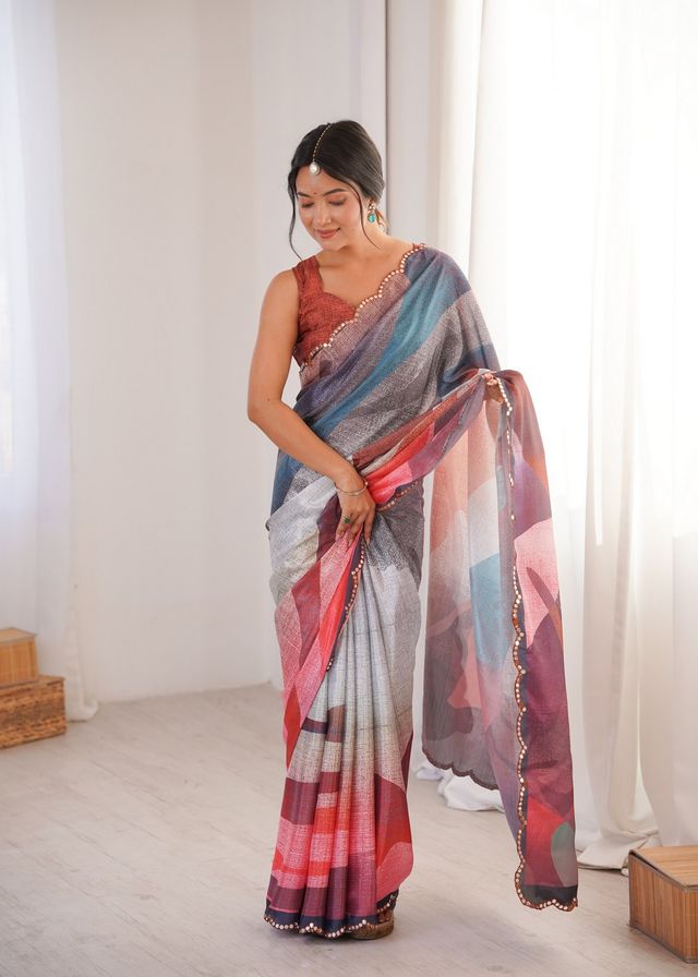 Multy Color Girlie Chinon Fabric Designer Digital Printed Ceremonial Saree
