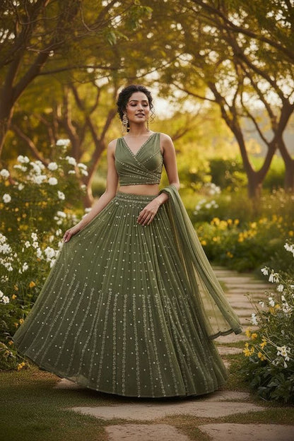 Embroidered Wedding Lehenga Set for Women HKV-00270 MEHNDI GREEN