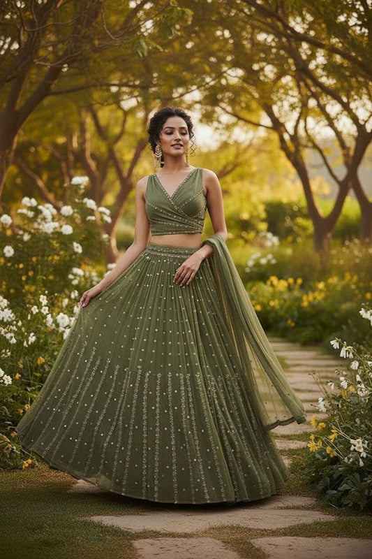 Embroidered Wedding Lehenga Set for Women HKV-00270 MEHNDI GREEN
