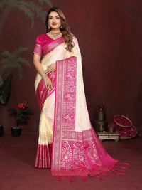 Cream Color Satin Silk Fabric Woven Jari Designer Graceful Partywear Saree