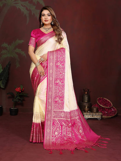 Cream Color Satin Silk Fabric Woven Jari Designer Graceful Partywear Saree