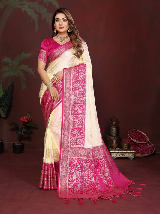 Cream Color Satin Silk Fabric Woven Jari Designer Graceful Partywear Saree