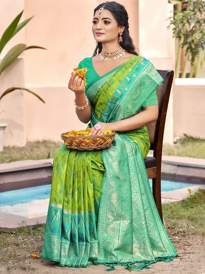 Olive Color Pochampalli Silk Fabric Woven designer Ethnic Partywear Saree