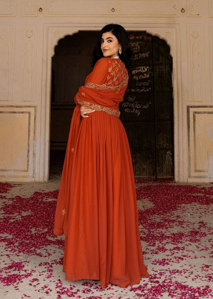 Orange Color Georgette Fabric Designer Embroidered Partywear Gown For Girlie Looks