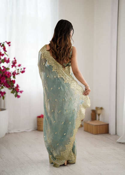 Sky Blue Color Fendy Chiffon Fabric Beautiful Embroidered Saree