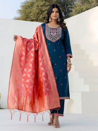 Teal Color Silk Blend Fabric Beautiful Embroidered Kurta Set With Dupatta
